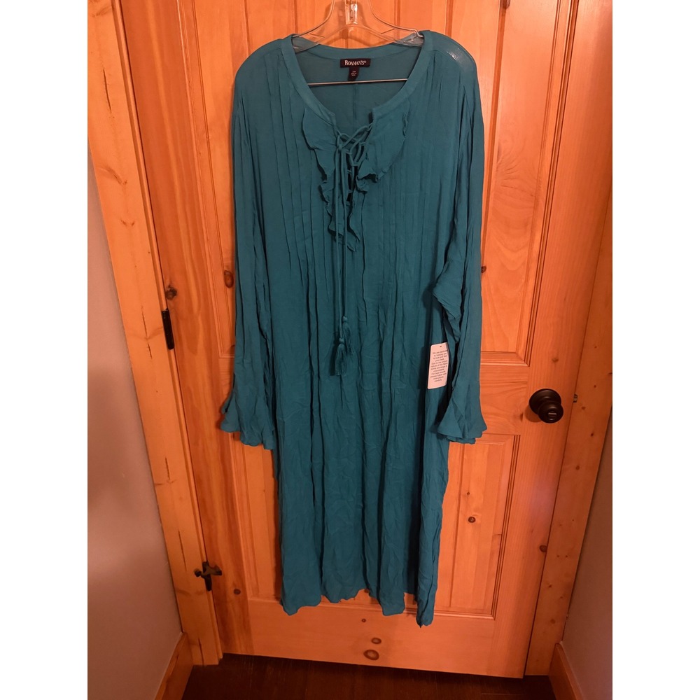 Roamans Teal Blue Crinkle Gauze Lace Up Ruffle Midi Dress Plus Size 28W NEW
